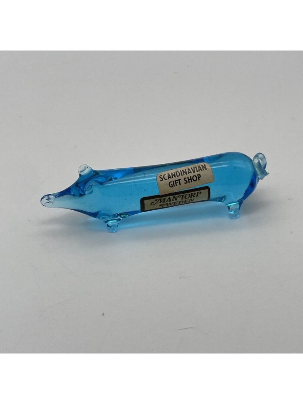 Vtg Mantorp Sweden Miniature Blue Glass Long Pig Figurine With Original Sticker
